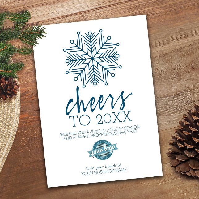 Tarjeta Festiva Gran Snowflake Feliz Año Nuevo - Blue Business (Modern Holiday Card for a Small Business - add your logo)