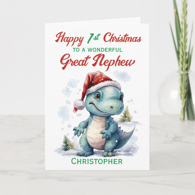 Tarjeta Festiva Gran sobrino primer Navidades dinosaurio (Anverso)