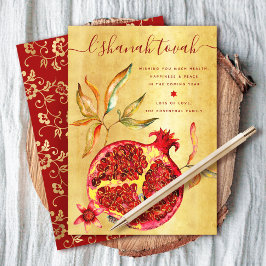 Tarjeta Festiva Granada de acuarela roja en oro para Rosh Hashaná
