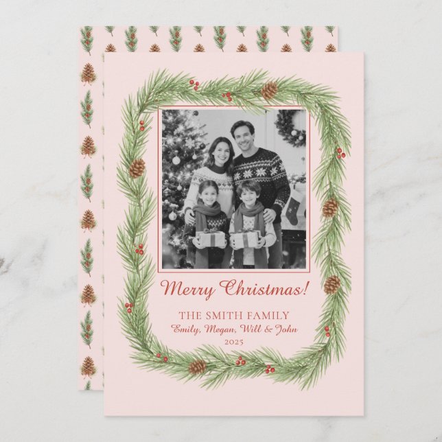Tarjeta Festiva Grandmillennial Christmas Garland & Pinecone Photo (Anverso / Reverso)