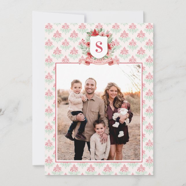 Tarjeta Festiva Grandmillennial Floral Crest | Christmas Monogram (Anverso)