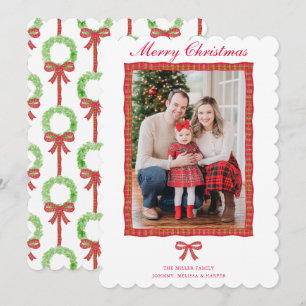 Tarjeta Festiva Grandmillennial Preppy Red Tartan Bow Garland