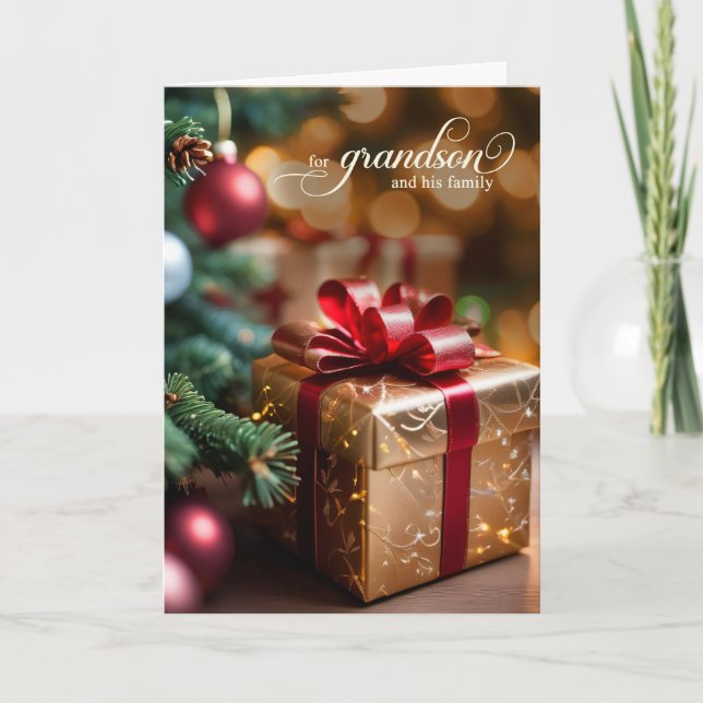 Tarjeta Festiva Grandson and Family Christmas Tree and Golden Gift (Anverso)