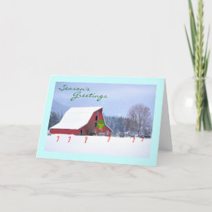 Tarjeta Festiva Granero de caballos Rojos en invierno, saludos de 