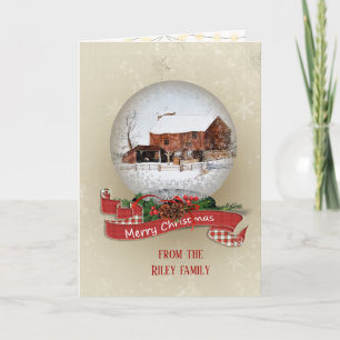 Tarjeta Festiva granero de invierno en el globo de nieve