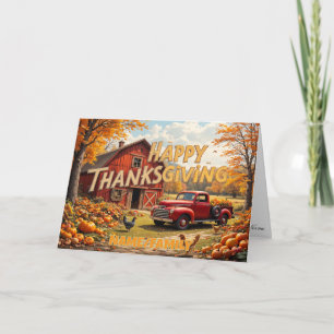 Tarjeta Festiva Granero Rojo y Camioneta Antigüa – Feliz Día de Ac