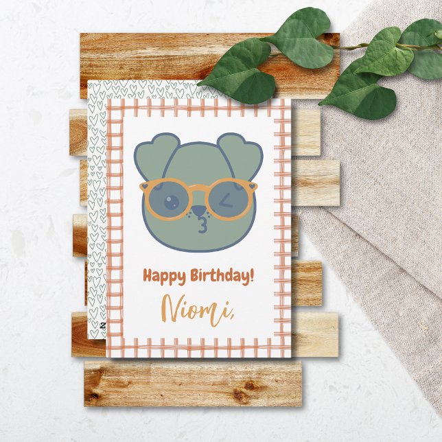 Tarjeta Festiva Granja Animal Birthday Dog Hearts Gingham Pattern (Farm Animal Birthday Card Dog Orange Gingham Border Heart Pattern)