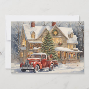 Tarjeta Festiva Granja Casa Camioneta Roja Nieve Invierno Feliz Na