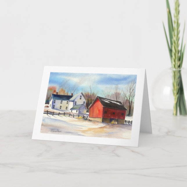 Tarjeta Festiva Granja de invierno & Granero Rojo (Anverso)
