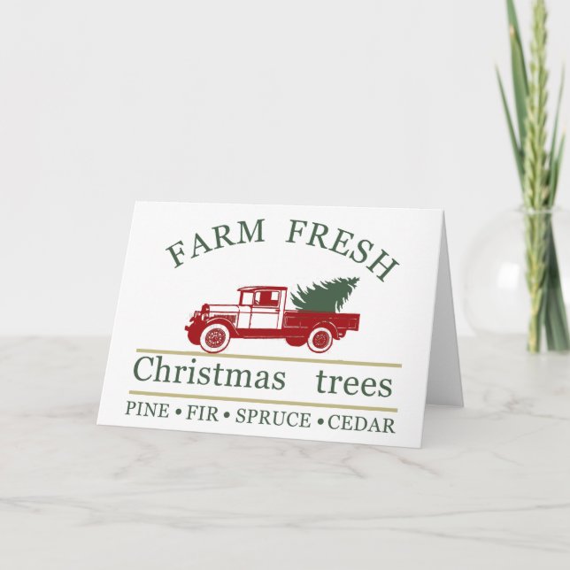 Tarjeta Festiva Granja fresca clásica de pinos de camiones rojos (Anverso)