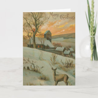 Tarjeta Festiva Granja navideña vintage con ciervo