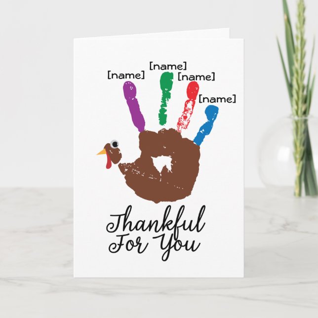 Tarjeta Festiva Gratitud de la huella de mano de los niños en Turq (Anverso)