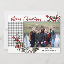Tarjeta Festiva Gray Gray Gingham Plaid Merry Christmas Photo