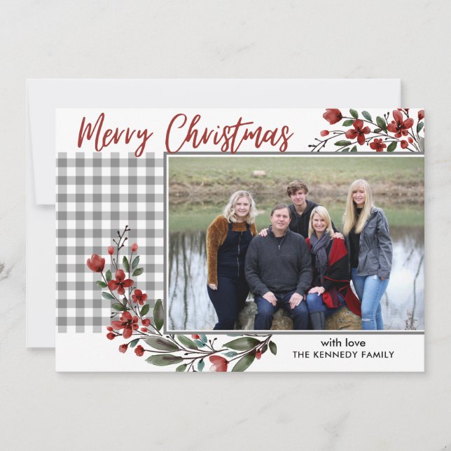 Tarjeta Festiva Gray Gray Gingham Plaid Merry Christmas Photo (Anverso)