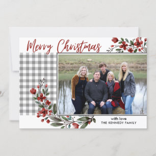 Tarjeta Festiva Gray Gray Gingham Plaid Merry Christmas Photo