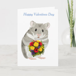 Tarjeta Festiva Gray Hamster con un ramo editable de San Valentín