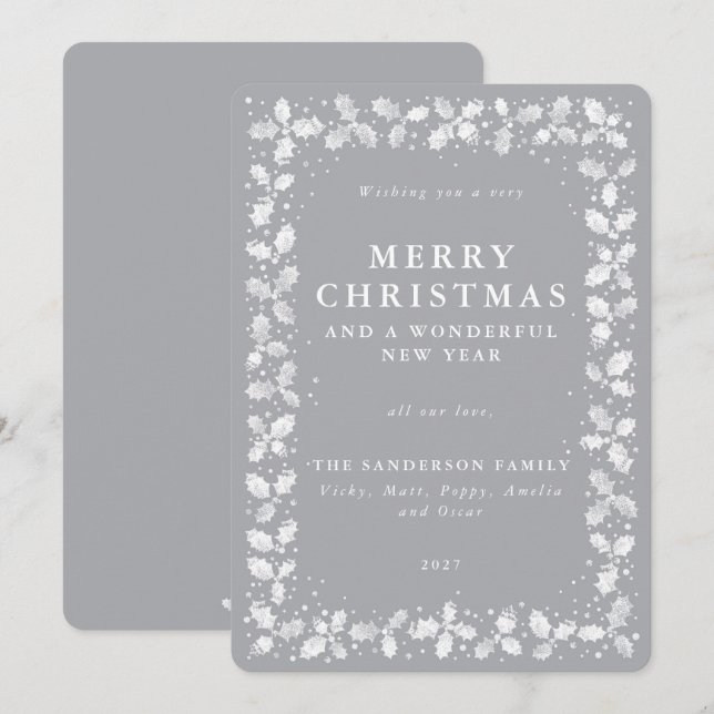 Tarjeta Festiva Gray Holly + Berry Border Flat No Photo Navidades (Anverso / Reverso)