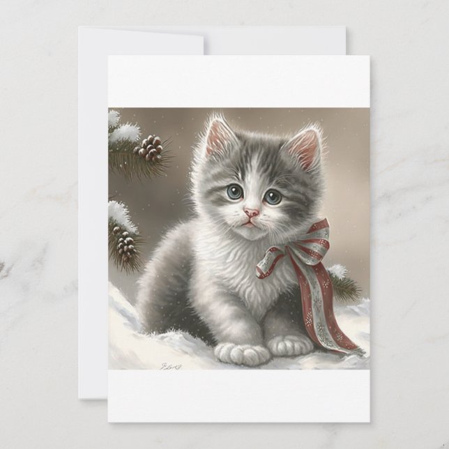 Tarjeta Festiva Gray Kitten, camiseta de Santa Cat (Anverso)