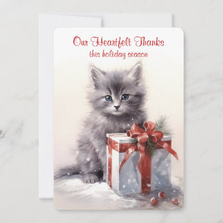 Tarjeta Festiva Gray Kitten Navidades Watercolor