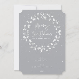 Tarjeta Festiva Gray Merry Christmas Holly Wreath