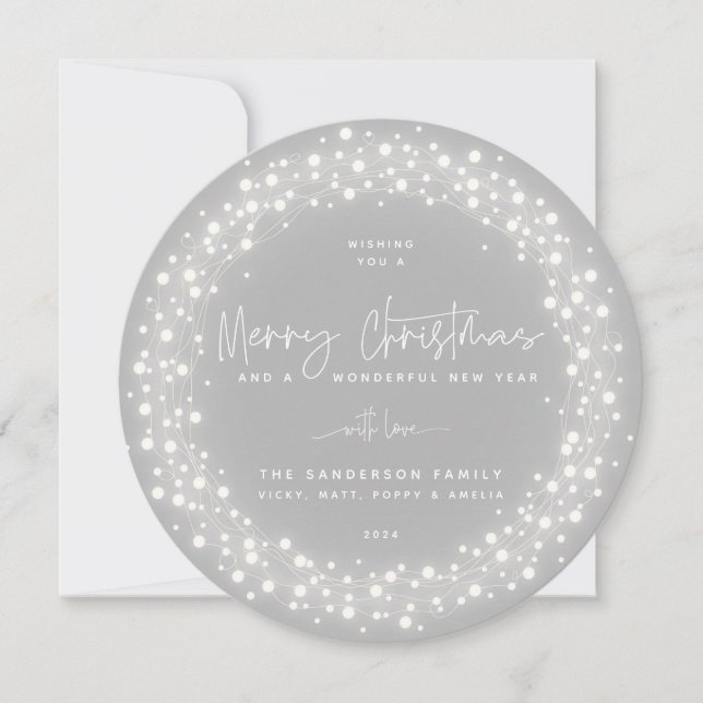Tarjeta Festiva Gray Merry Christmas Script Sparkling Luces (Anverso)