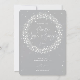 Tarjeta Festiva Gray Peace Love+Joy Sparkling Luces Navidades