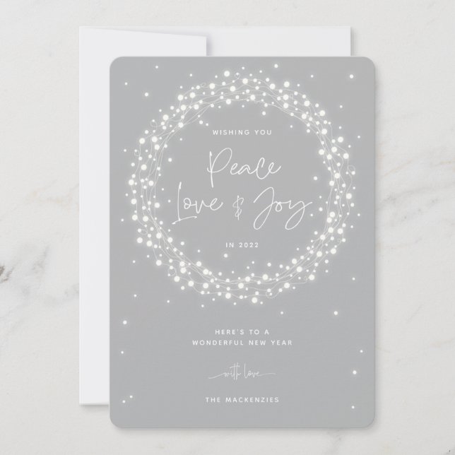 Tarjeta Festiva Gray Peace Love+Joy Sparkling Luces Navidades (Anverso)