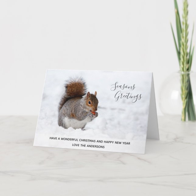 Tarjeta Festiva Gray Squirrel Winter Snow Xmas foto personalizada (Anverso)