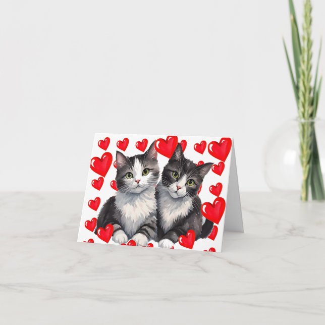 Tarjeta Festiva Gray Tabby Kittens & Hearts a San Valentín purrfec (Anverso)