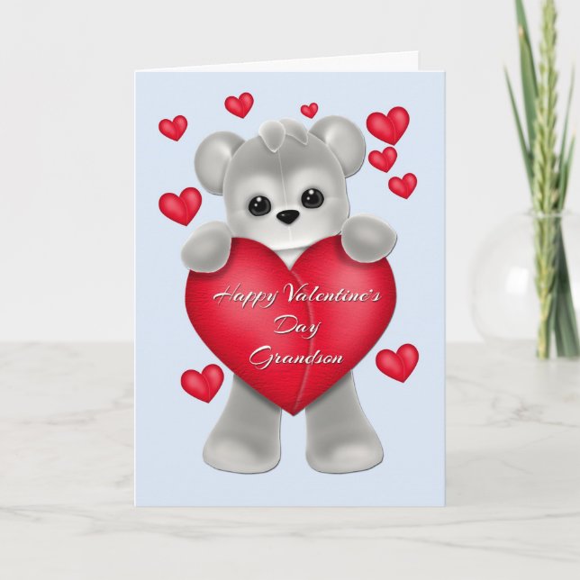 Tarjeta Festiva Gray Teddy Grandson Valentine (Anverso)