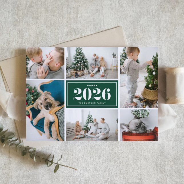 Tarjeta Festiva Green 2025 Feliz Collage de fotos de Año Nuevo (Send 2026 new year cheer with this customizable green photo collage Happy New Year Card. )