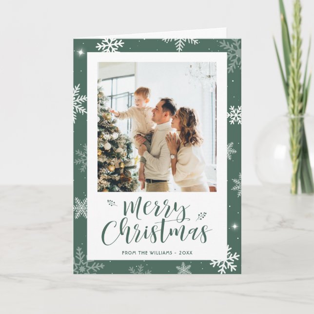 Tarjeta Festiva Green 2 Photo Snowflake Merry Christmas Card (Anverso)