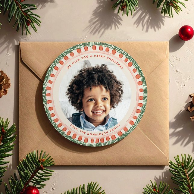 Tarjeta Festiva Green and Red Watercolor Fringe Photo Circle (Green and Red Watercolor Fringe Photo Circle Holiday Card)