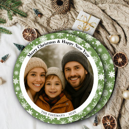 Tarjeta Festiva Green and White Snowflakes Holiday Photo