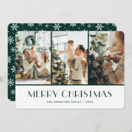 Tarjeta Festiva Green and White Snowflakes Photo Christmas Card
