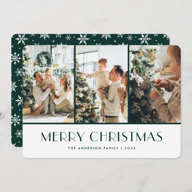 Tarjeta Festiva Green and White Snowflakes Photo Christmas Card (Anverso / Reverso)