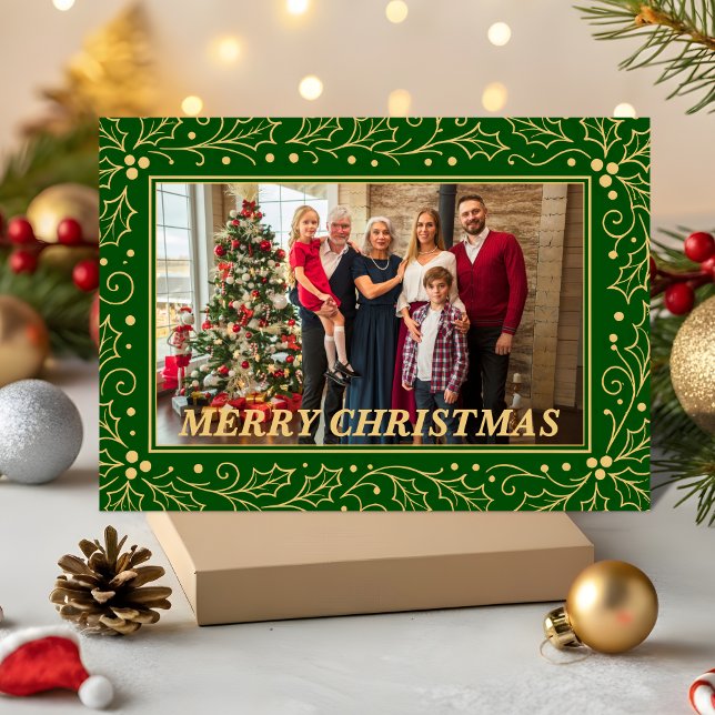 Tarjeta Festiva Green & Antique-Gold Family Christmas Photo (Subido por el creador)