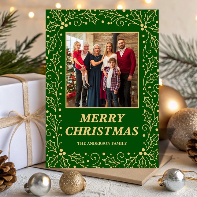 Tarjeta Festiva Green & Antique-Gold Family Photo Christmas (Subido por el creador)