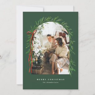 Tarjeta Festiva Green Arch & Bow Elegant Photo Navidades
