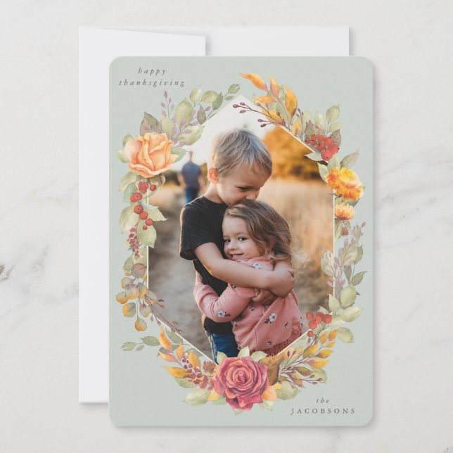 Tarjeta Festiva Green Autumnal Florals Thankending Photo Card (Anverso)