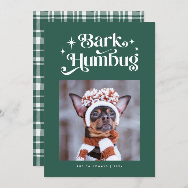Tarjeta Festiva Green BARK HUMBUG Funny Dog Photo Navidades (Anverso / Reverso)