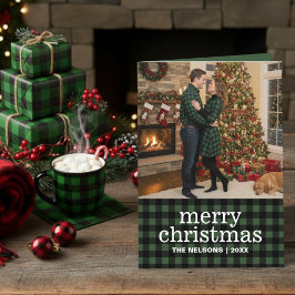 Tarjeta Festiva Green & Black Buffalo Plaid Merry Christmas Photo