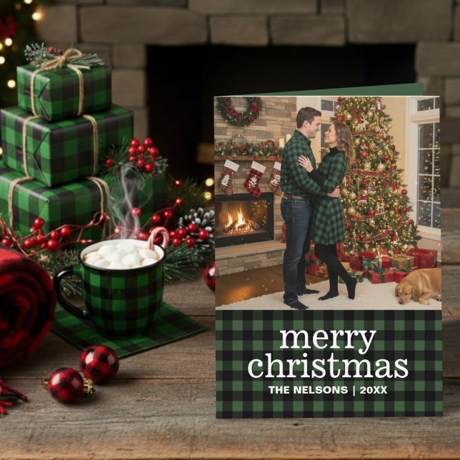 Tarjeta Festiva Green & Black Buffalo Plaid Merry Christmas Photo  (Subido por el creador)