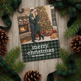 Tarjeta Festiva Green & Black Buffalo Plaid Merry Christmas Photo