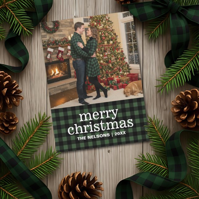 Tarjeta Festiva Green & Black Buffalo Plaid Merry Christmas Photo  (Subido por el creador)
