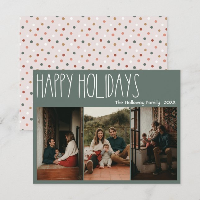 Tarjeta Festiva Green Boho Polka Dot Happy Holidays Three Photo (Anverso / Reverso)