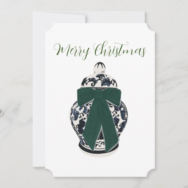 Tarjeta Festiva Green Bow Chinoiserie Vase Flat Holiday Card (Anverso)