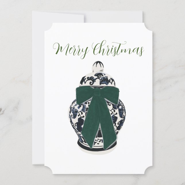 Tarjeta Festiva Green Bow Chinoiserie Vase Flat Holiday Card (Anverso)