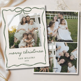 Tarjeta Festiva Green Bow Merry Christmas 4 Photo Family