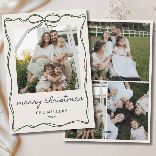 Tarjeta Festiva Green Bow Merry Christmas 4 Photo Family (Green Bow Merry Christmas 4 Photo Family Holiday Card)